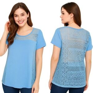Chico's Tee Size 8/10 Manganese Blue Lace Crochet‎ Short Sleeve Boho Summer New